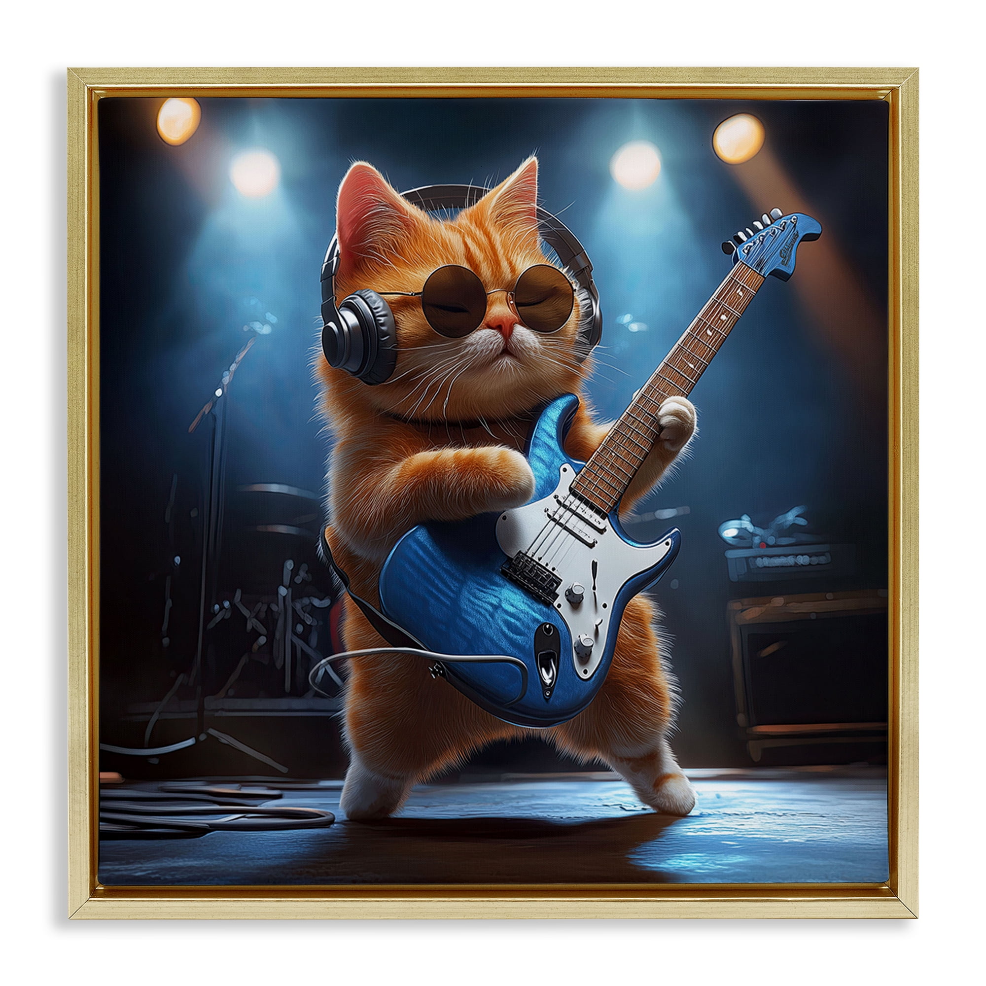 Cat Guitarist in Band Gold Framed Floater Canvas Wall Art, design by Jim Baldwin