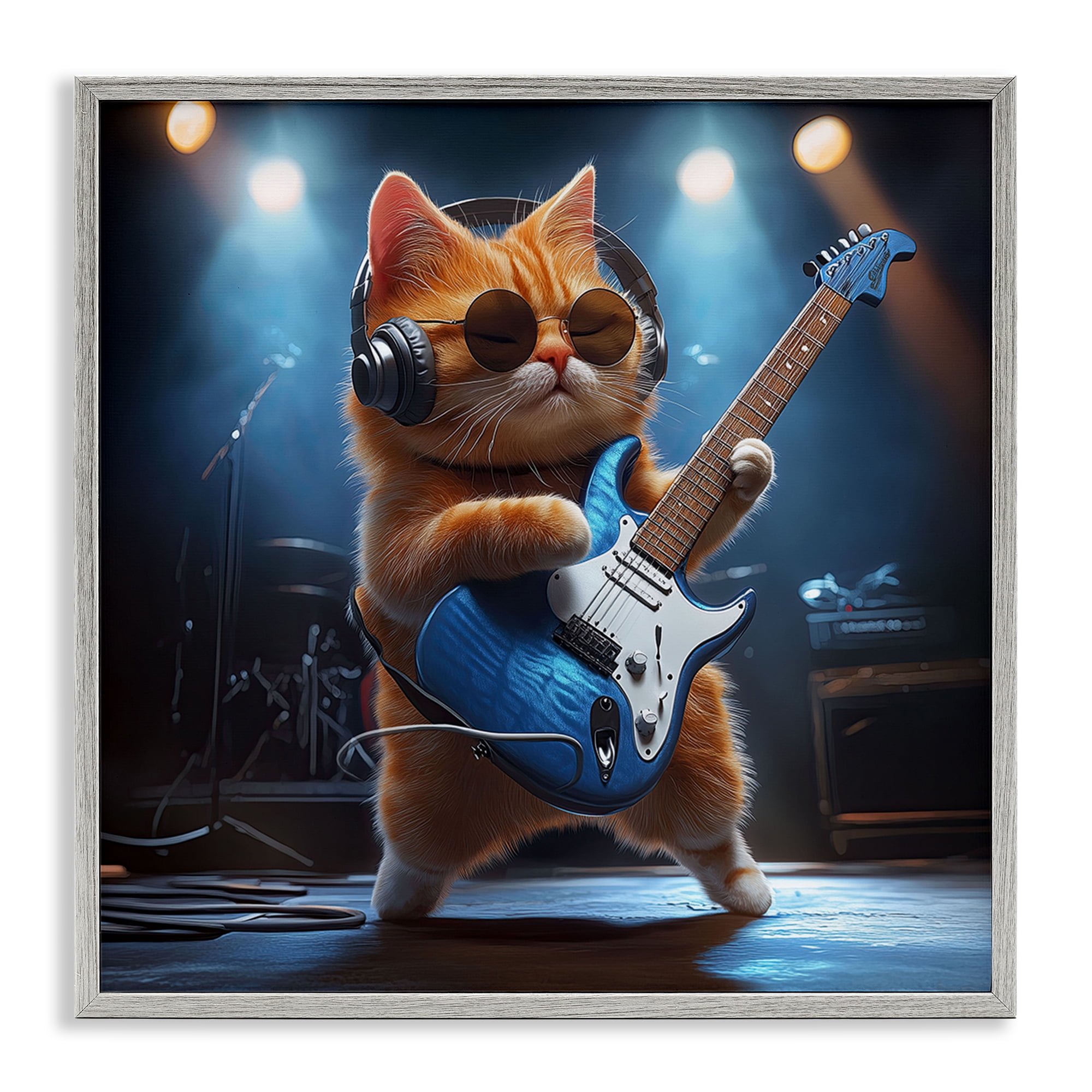 Cat Guitarist in Band Gray Framed Giclee Art, design by Jim Baldwin