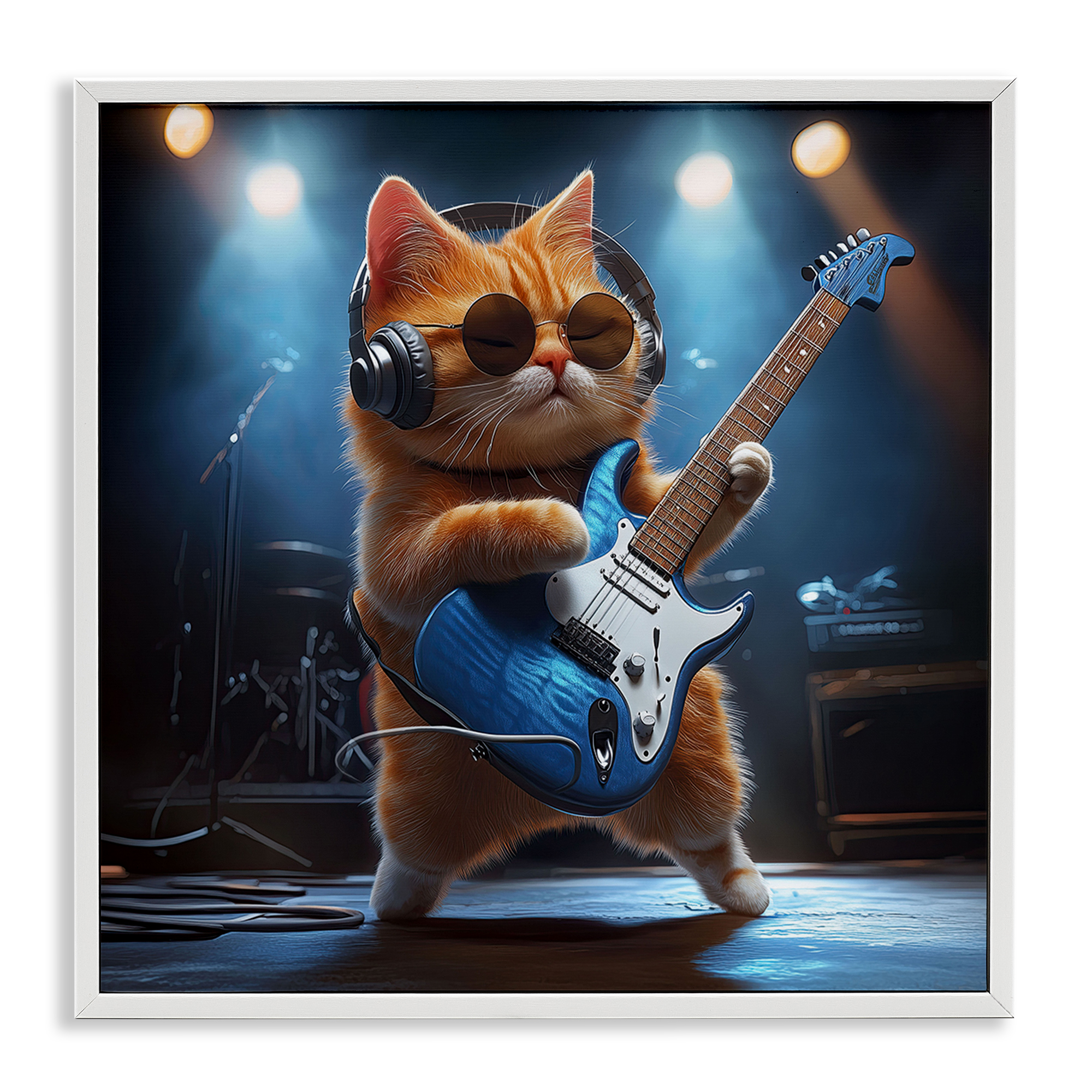 Cat Guitarist in Band White Framed Giclee Art, design by Jim Baldwin