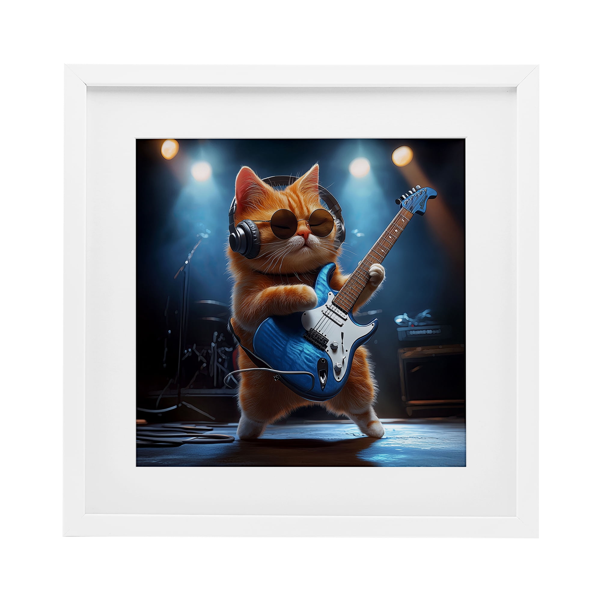 Cat Guitarist in Band White Framed Print Under Glass, design by Jim Baldwin