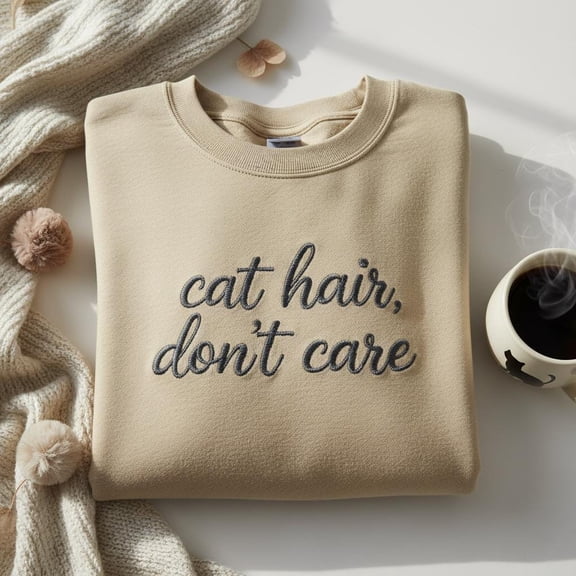 Cat Hair Don't Care Embroidered Sweatshirt, Funny Cat Lover Gift, Crazy Cat Lady Embroidered Crewneck, Minimalist Pet Shirt