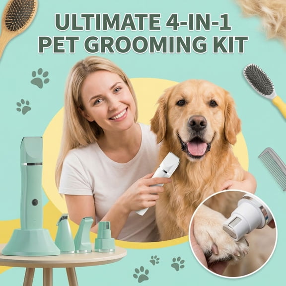 Cat Hair Trimmer Quiet Cordless Handheld Dog Shaver Clipper USB Charging 4-in-1 Electric Pet Grooming Kit with 4 Blade for Long Hair Pets,Green