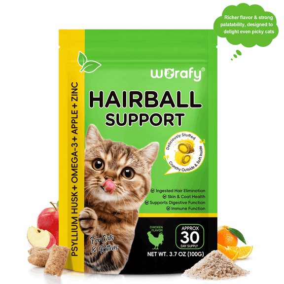 Cat Hairball Care Chews with Psyllium Husk, Omega-3, Apple Pomace & Zinc, Dual-Texture Chicken Flavor Treats, Natural Skin and Coat Support - 100G
