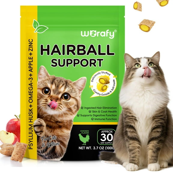 Cat Hairball Control Treats with Omega Oils – Hairballs Relief, Support Healthy Digestion and Skin & Coat Care Dry Food, Chicken Flavor, 3.7oz