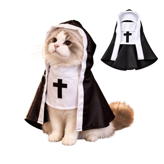Cat Halloween Costume, Nun Costume for Cats and Small Dogs, Black White Pet Dress with Attached Hood, Halloween Cosplay Outfit for Photos, Parties, Events and Dress Up (S, 1PC)