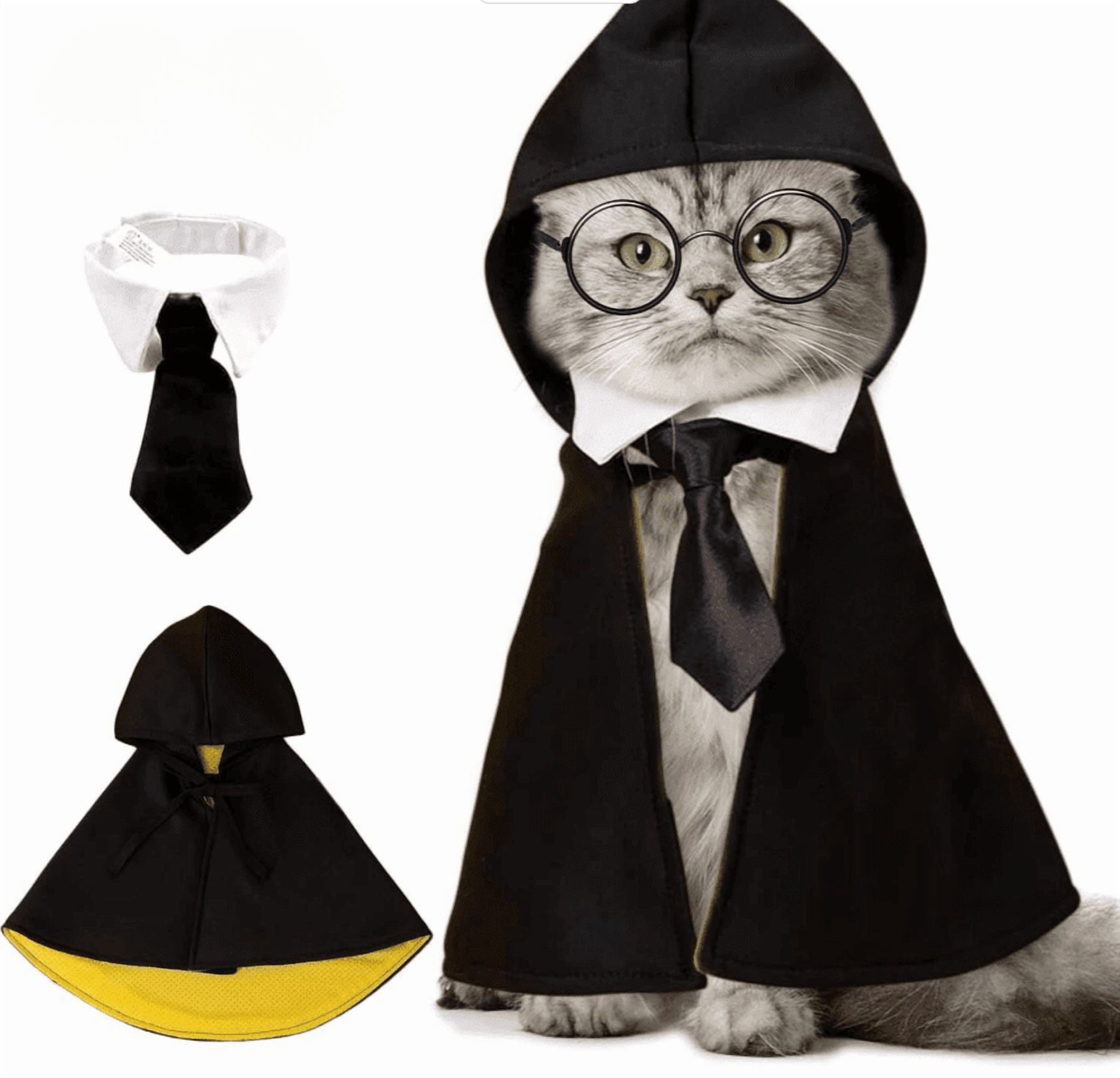 Cat Halloween Costume, Pet Wizard Costumes Mantle Magician Cosplay Clothes with Bowtie & Glasses Set, Festival Party Apparel for Small Pets Cats Dogs
