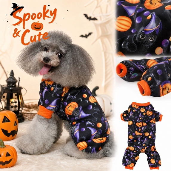 Cat Halloween Costumes, Kitten Halloween, for Cat, Festive Printed Black Cat, Stretch Fit Black Halloween Cat Outfit with Evenly Distributed Cute Halloween Motifs for Pet