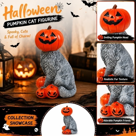 Cat Halloween Decor, Halloween Pumpkin Decorations with Gray Cat Figurine and Mini Jack O Lantern Accents, Outdoor Halloween Decorations Yard Display for Lawn Patio, Seasonal Fall