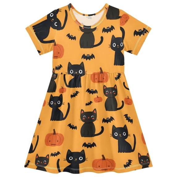 Cat Halloween Pattern Girls Short Sleeve Dress A Line Sun Protection Breathable Comfort Sundress 3T