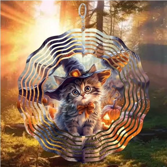 Cat Halloween Witch Cute Pet 3D Wind Spinner Stainless Steel Kinetic Garden Decor