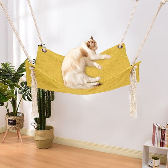 Cat Hammock Bed Breathable Linen Hanging Pet Bed with Cotton Ropes, Reversible Adjustable for Cages,Windows,or Walls Machine Washable for Cats Small Pets(18.5*18.5Inch)