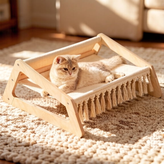 CheerPals Cat Hammock Bed with Removable Washable Cover, Pet Couch Sofa for Indoor Cats Elevated Kitty Lounge Chair Suitable for Puppy, Wooden Cat Furniture(Large)