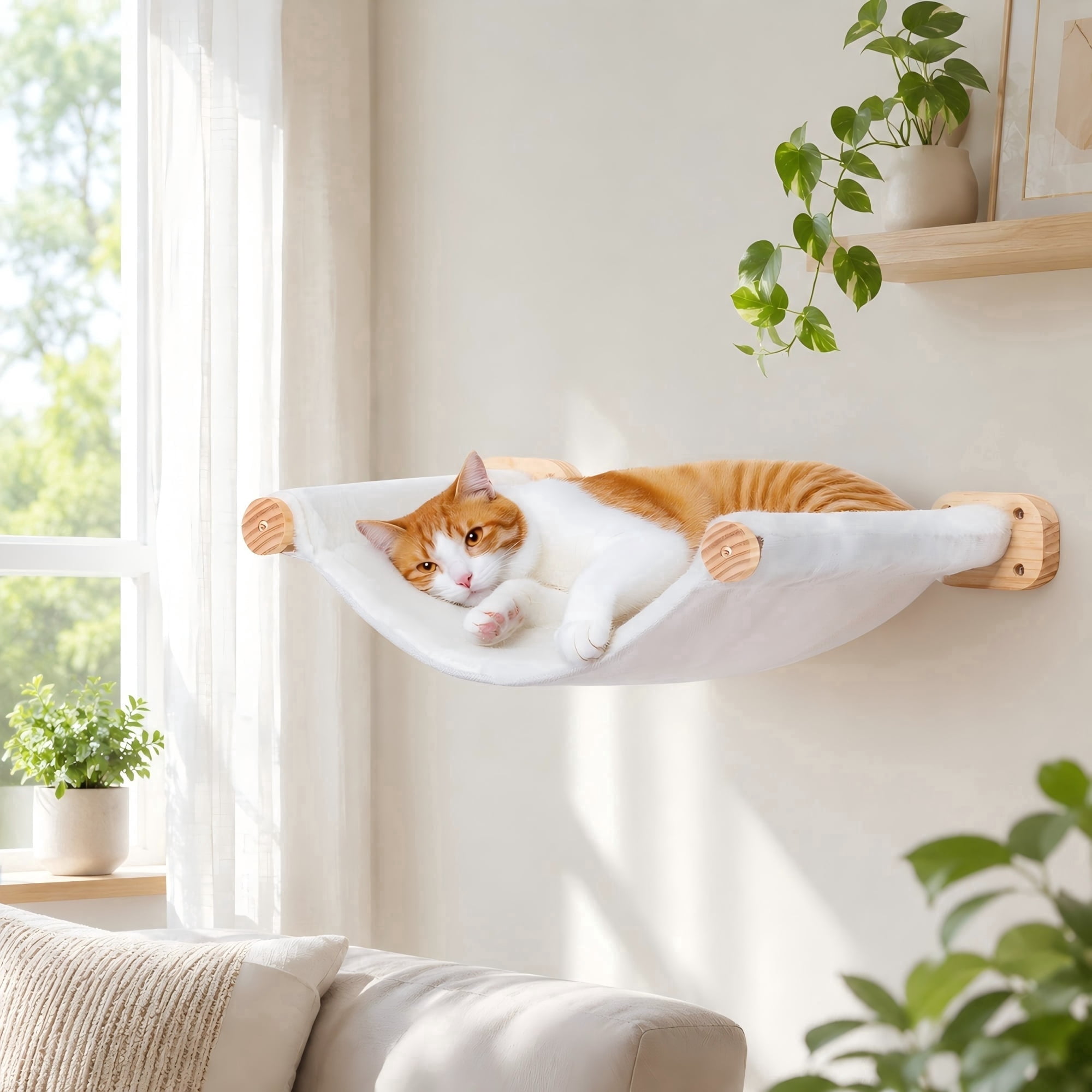 Peluomoz Beige Dual-Sided Wall Mounted Cat Hammock, Canvas and Plush Fabric, 1 Count