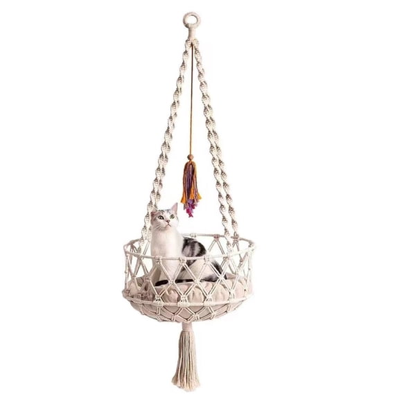 Cat Hammock with Cushion,Hanging Indoor Boho Kitten Swing Beds for Playing Sleeping Climbing and Lounging(Bottom double circle plane)Excluding cushion