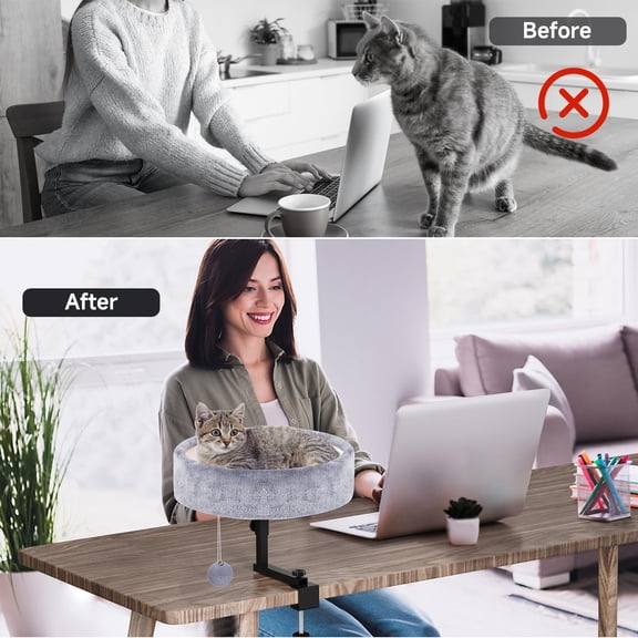 Cat Hammock Grey Adjustable 360° Rotating Desk Bed for Office and Game Tables