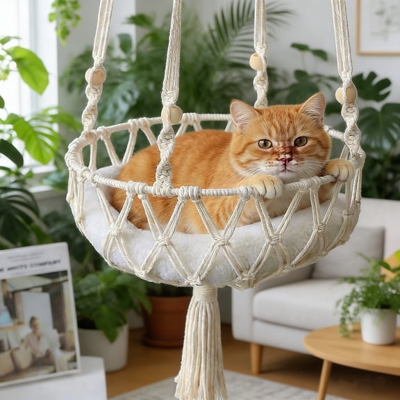 Cat Hammock Hand Woven Hanging Bed, QQZ Extra Large Bohemian Cat Swing with Bells, Soft Cotton Rope Aerial Nest for Cats Tree Window Interior Decoration