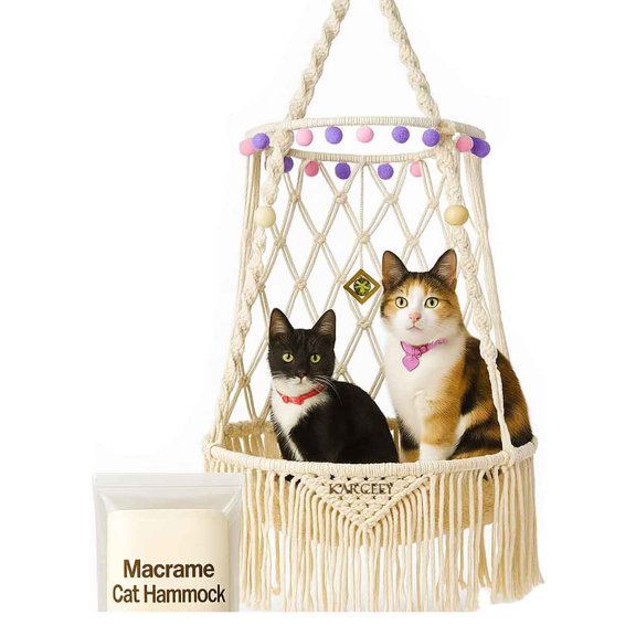 Cat Hammock Macrame Hanging Bed for Large Cats - Heavy Duty Cat Swing Wall Mounted Boho Window Perch - Hardware Kit Included
