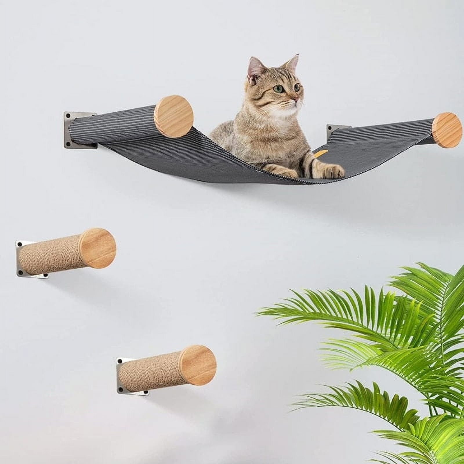 Large Gray Wall-Mounted Cat Hammock with Sisal Steps