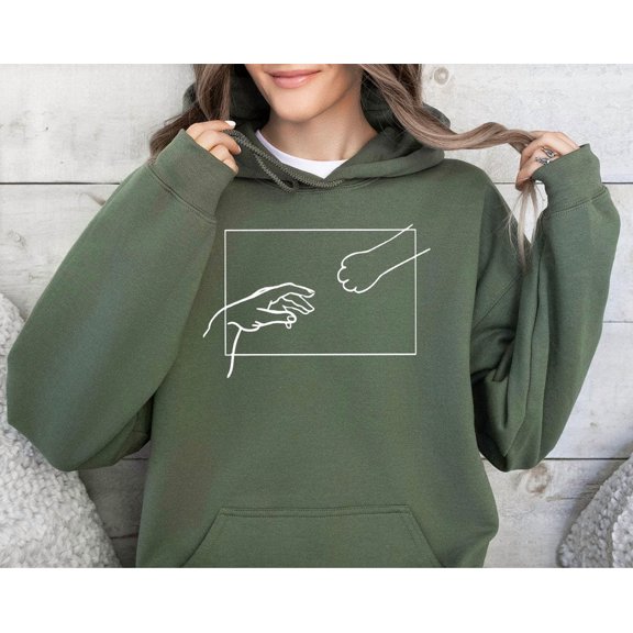 Cat Hand And Woman Hand Hoodie, Minimalist Human Hand and Cat Paw Hoodie, Cute Cat Paw Design Long Sleeve, Aesthetic Cat Mama Hoodie