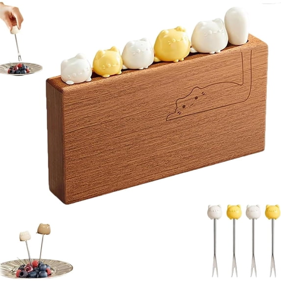 Cat Handle Fruit Forks – 6PCS Stainless Steel Appetizer Forks with Wooden Base, Cute Cat-Shaped Flatware Set for Cheese, Cake, Salad, Charcuterie, Dessert – Party, Home, Kitchen, Restaurant