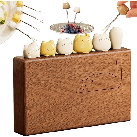 Cat Handle Fruit Forks Set of 6 with Wooden Base, Stainless Steel Cute Dessert Forks for Charcuterie Cheese Cake Salad Appetizers, Adorable Cat Lover for Home Kitchen (Yellow)