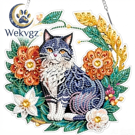 Cat Hanging Diamond Art Kits for Adults Pendant Suncatcher,Special Shaped Crystal DIY Pearl Diamond Crafts Painting Kit,Gift for Mother Window Door Wreath Decor 7.9 x 8.2 Inch