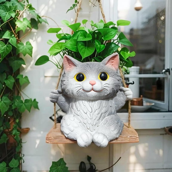 Cat Hanging Planters for Indoor Outdoor Plants, Small Cute Hanging Pots for Succulent, String of Pearls Plant, Resin Hanging Flower Pots with Drainage Hole, Unique Gift, Garden Home Decor