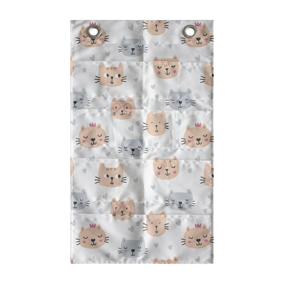 Cat Hanging Pocket Organizer, Doodle Style Faces and Hearts Pet Theme, Printed Polyester Storage Bag with Pockets, 21" x 31", Peach Blue Grey