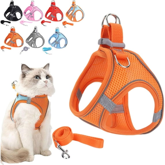 Cat Harness, Cat Leash and Harness for Outdoor, Escape Proof Adjustable Soft Mesh Vest with Reflective Safety Strips, Pet Walking Vest Suitable for Most Pet Sizes