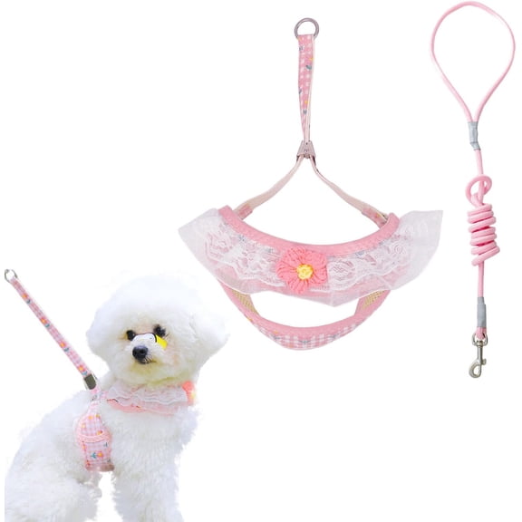 Cat Harness Collar and Leash Set, Sweet Lace Floral Kitten Collar, Escape Proof Puppy Chest Harness, Adjustable Cute Harness Leash Set for Cat Puppy Dog Outdoor Walking (Blue, S)
