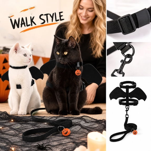 Cat Harness and Leash with Bat Wings Escape Proof Adjustablex,Halloween Costumes, Easy Control, Comfortable Soft Breathable, Friction Protection, Costumes for Small Cats(M)