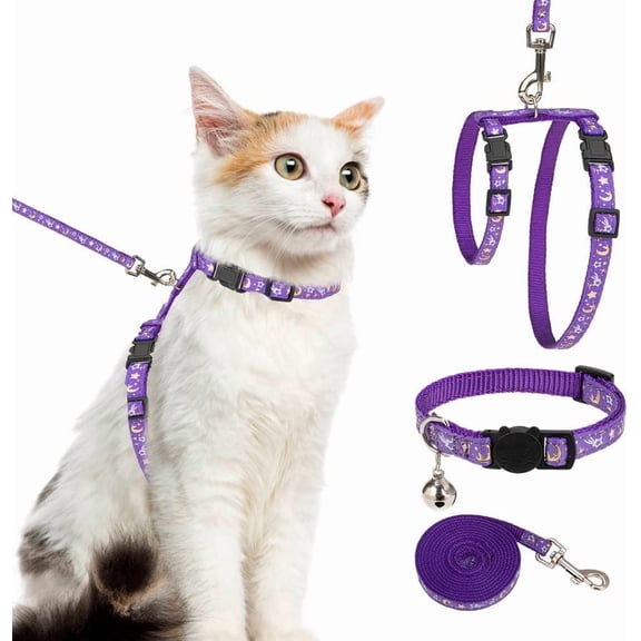 Cat Harness with Leash and Collar Set - Escape Proof Adjustable H-shped Cat Harness with Star and Moon Pattern Glow in The Dark for Kitty Outdoor Walking