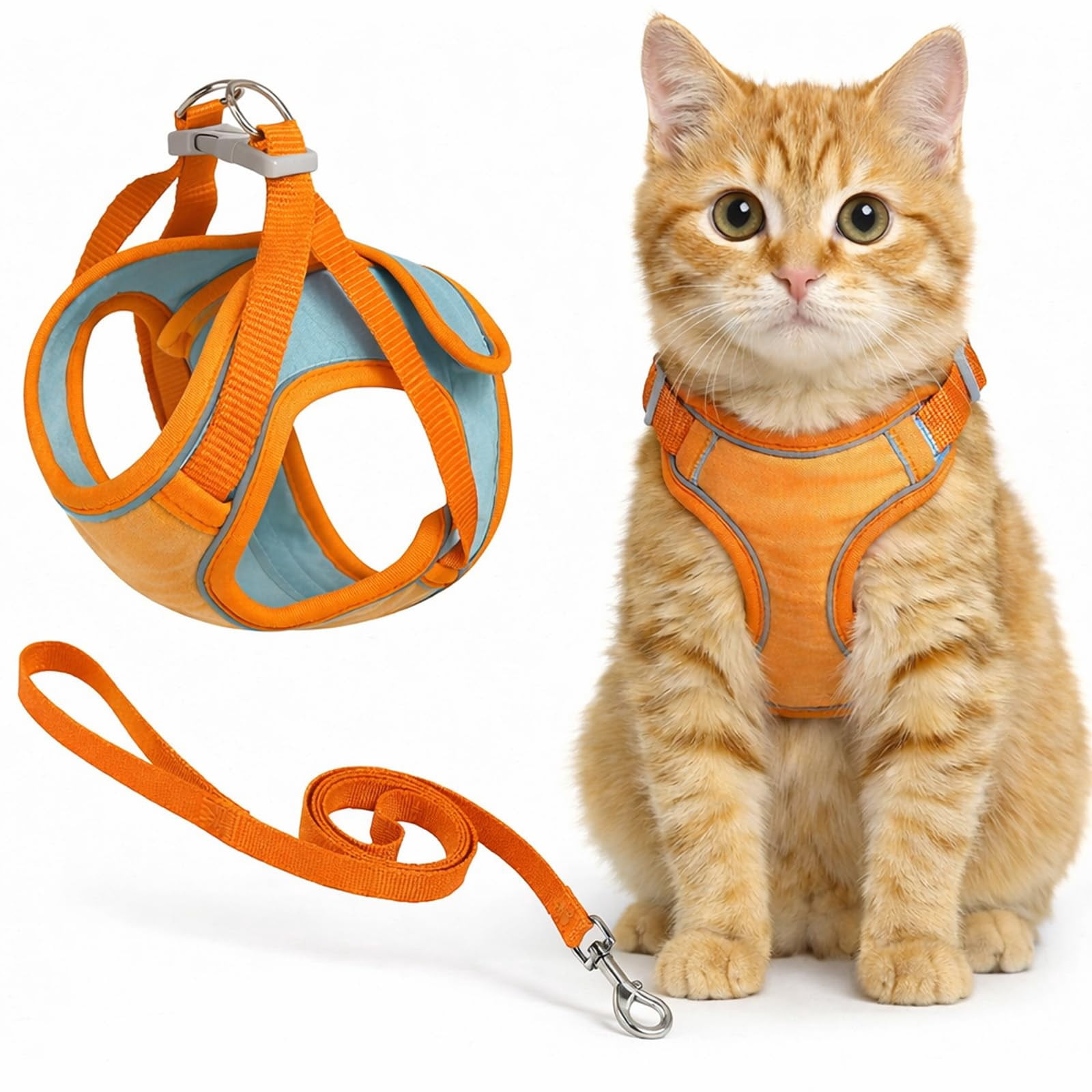 Cat Harness and Leash, Escape Proof Adjustable Step-in Cat Vest Harness, Soft Suede Reflective Pet Harness for Walking, for Kittens, Small Medium Cats, Rabbits & Small Dogs
