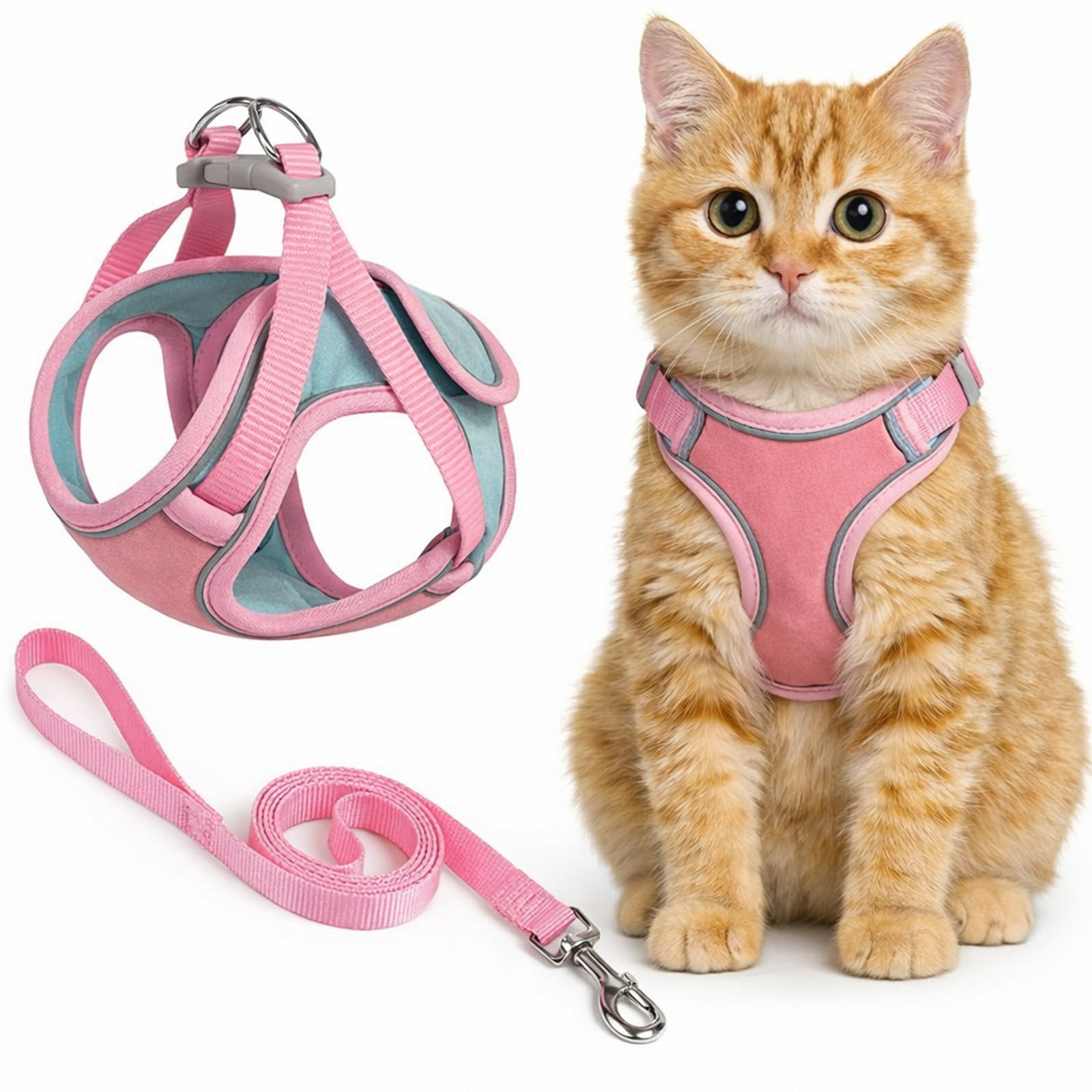 Cat Harness and Leash, Escape Proof Adjustable Step-in Cat Vest Harness, Soft Suede Reflective Pet Harness for Walking, for Kittens, Small Medium Cats, Rabbits & Small Dogs