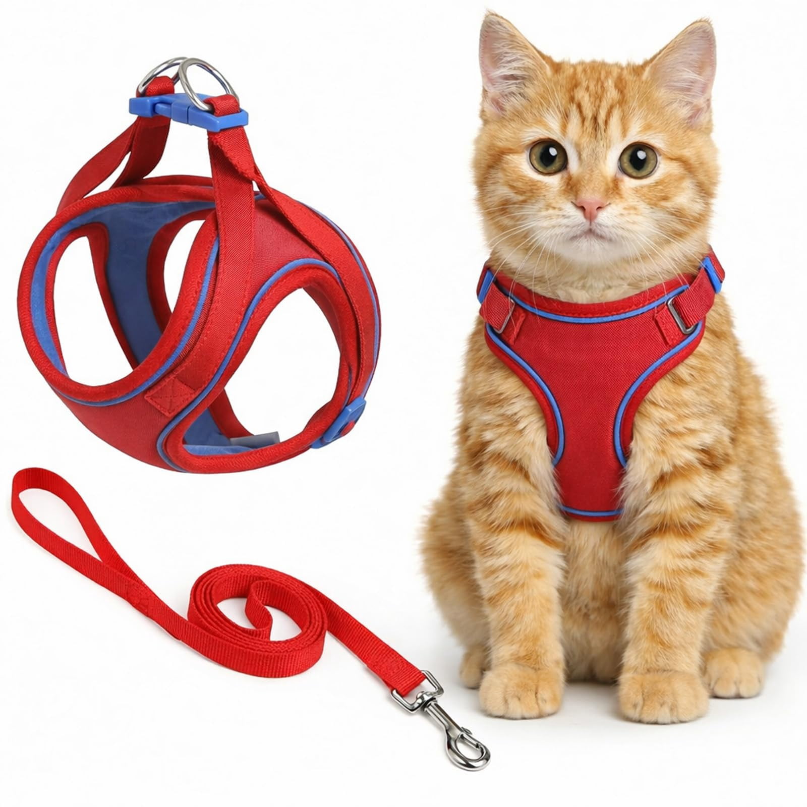 Cat Harness and Leash, Escape Proof Adjustable Step-in Cat Vest Harness, Soft Suede Reflective Pet Harness for Walking, for Kittens, Small Medium Cats, Rabbits & Small Dogs