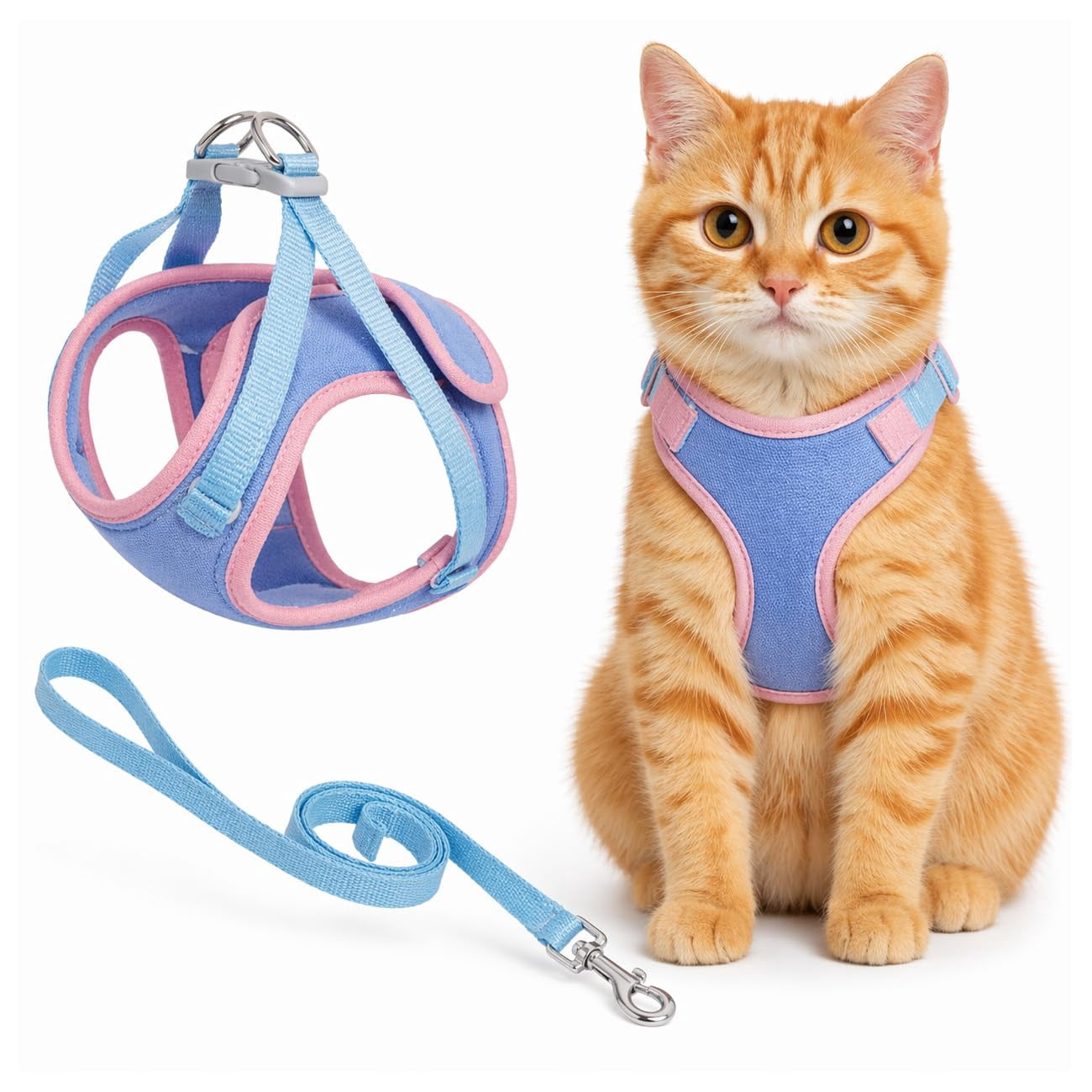 Cat Harness and Leash, Escape Proof Adjustable Step-in Cat Vest Harness, Soft Suede Reflective Pet Harness for Walking, for Kittens, Small Medium Cats, Rabbits & Small Dogs