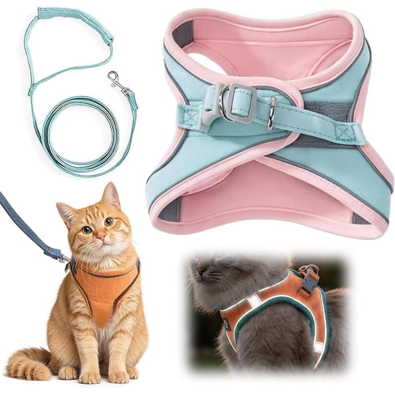 Cat Harness and Leash Escape Proof, Reflective Adjustable Step-in Soft Breathable Vest with 5ft Cord for Small Medium Cats Dogs Outdoor Walking (Blue, S) (K)