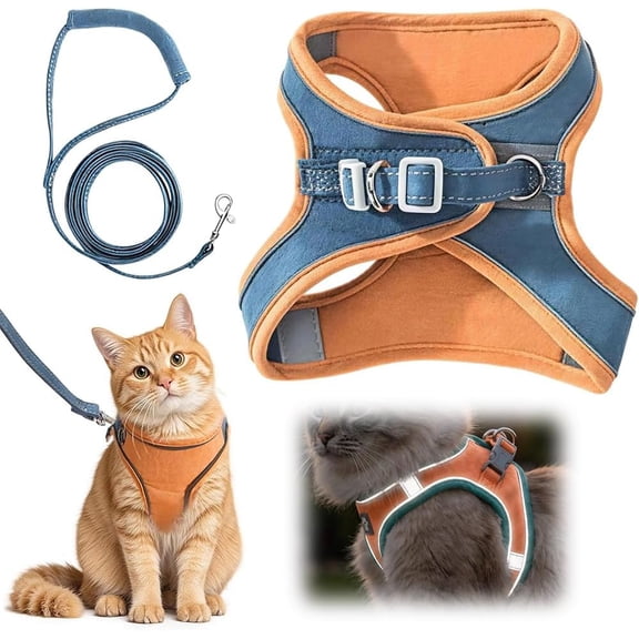 Cat Harness and Leash Escape Proof, Reflective Adjustable Step-in Soft Breathable Vest with 5ft Cord for Small Medium Cats Dogs Outdoor Walking (Navy, L) (K)