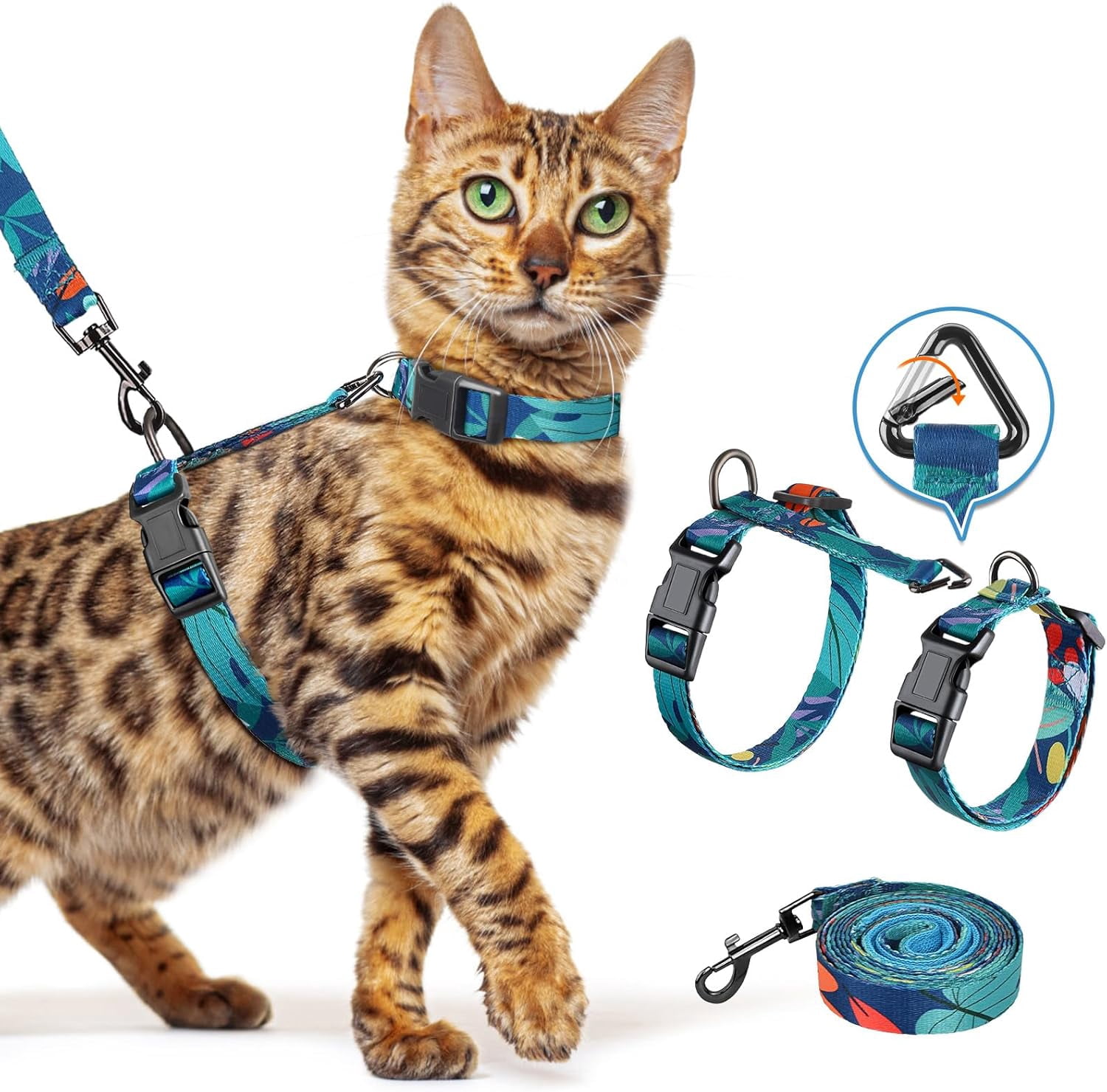 Cat Harness and Leash Set, 3-in-1 Adjustable & Lightweight, Escape-Proof, Comfortable Soft Kitten Harness for Large Cats, Safe, Easy to Wear, Outdoor Walking Travel-M