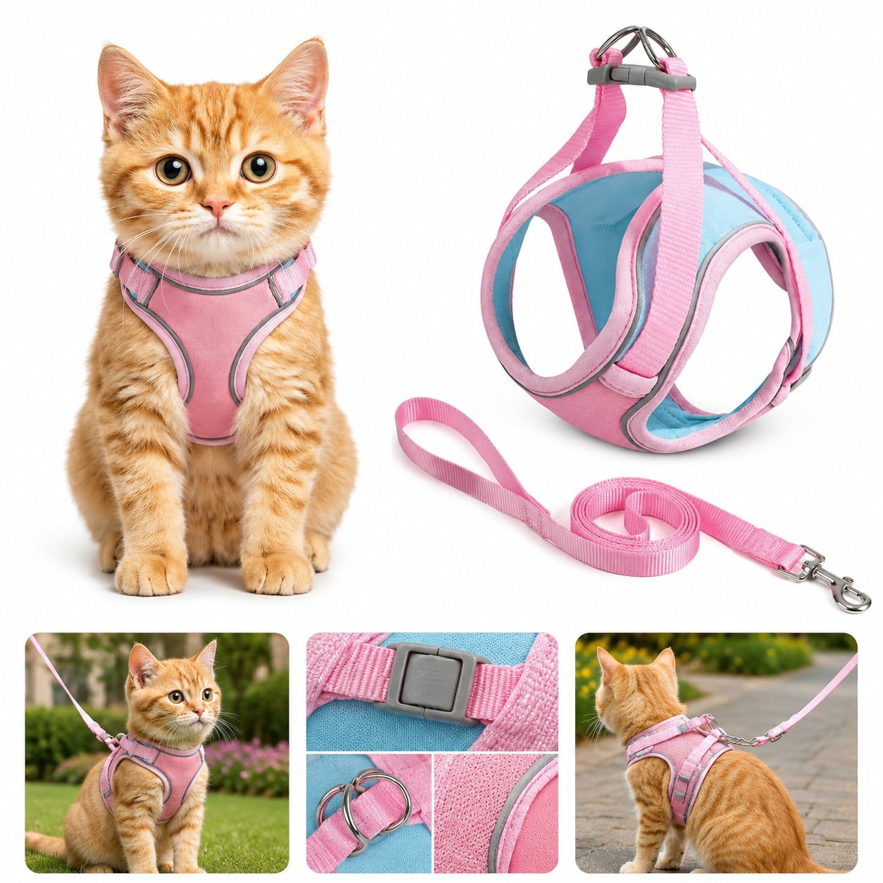 Cat Harness and Leash Set, Escape-Proof Step-In Adjustable Pet Harness for Walking Small and Medium Cats and Dogs
