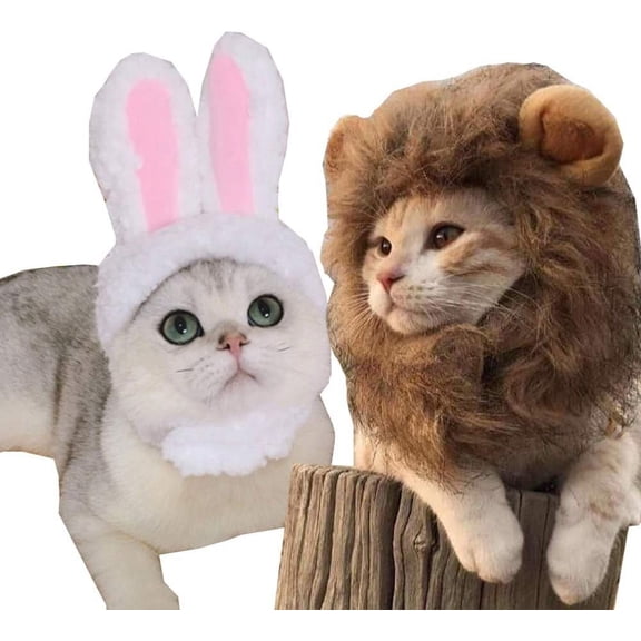 Cat Hat Cat Costume Adjustable Pet Headwear Cat Bunny Hat with Rabbit Ears Kitten Hat Dog Cosplay Cap for Kitten Party Birthday Theme Party Photo Prop (Lion,Rabbit)