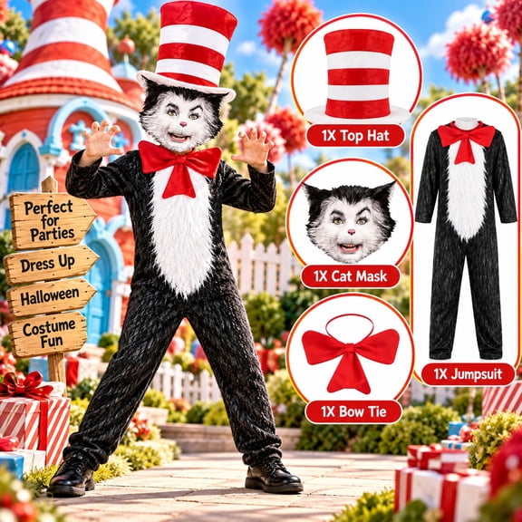 Cat Hat Costume Cosplay Costume for Kids, Scary Cat Jumpsuit Set with Mask, Striped Hat & Bow Tie for Boys & Girls-1