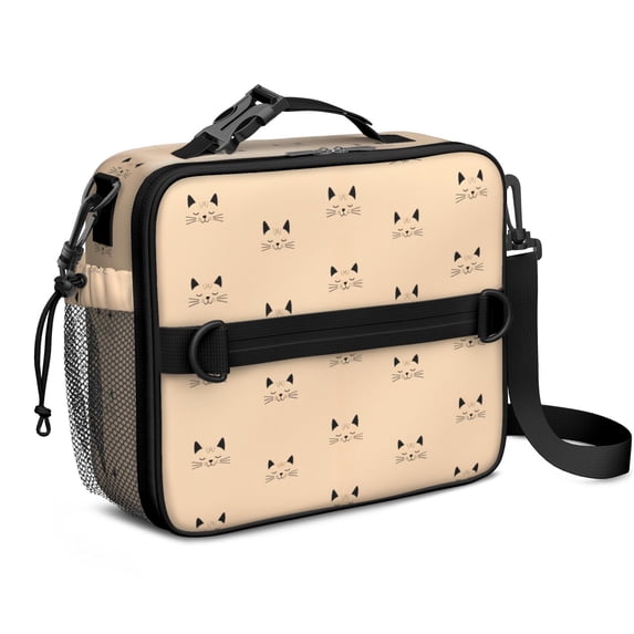 Cat Head Beige Pattern Insulated Lunch Bag with Shoulder Strap and Bottle Holder,Bento School Lunch Bag Box,11x9.5x3.5 Inches