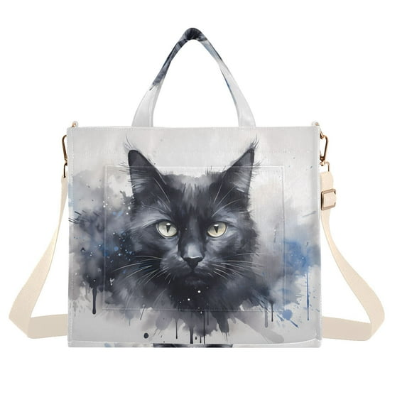 Black and Cat Corduroy Tote Bag Handbag Large Messenger Bag Shoulder Crossbody Zipper Bag Purse