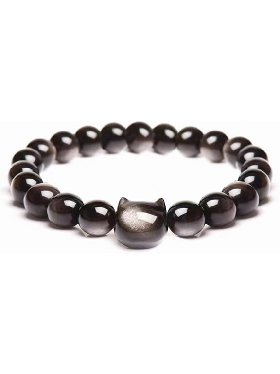 Cat Head Black Obsidian Bracelet Natural Stone Beaded Stretch Bracelet for Women, Gift for Women