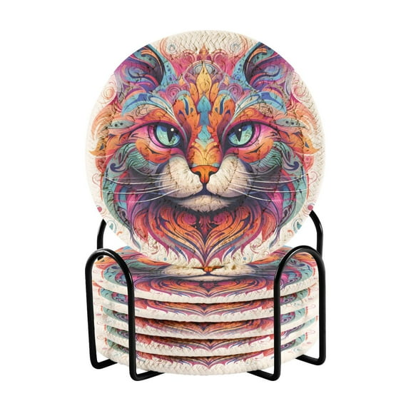 Cat Head Colorful Painting 6 Pcs Drink Coasters with Holder Absorbent Coasters Woven Coasters for Drinks Table Desk Protection Home Decor