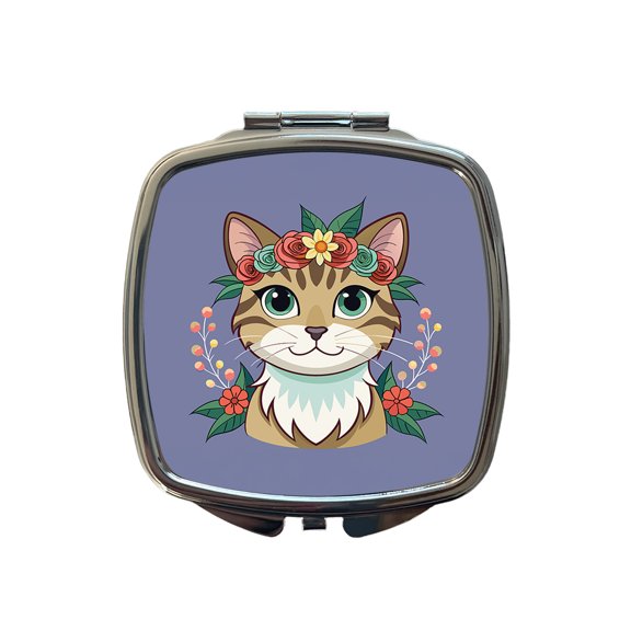 Cat Head Floral Flowers Travel Makeup Handbag Purse Small Pocket Compact Mirror