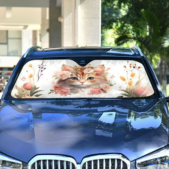 Cat Head Flowers Floral Automotive Front Car Windshield Sun Shade Reflector Foldable for Front Fit for Cars Truck SUVs