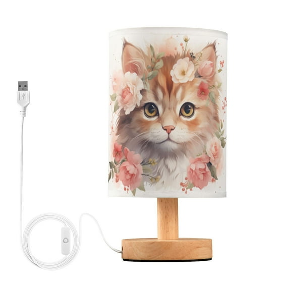 Cat Head Flowers Floral Table Lamp USB Bedside Desk Nightstand Lamp Printed Gifts Small Lamp Wood Base for Bedroom Living Room Kids Room College Dorm