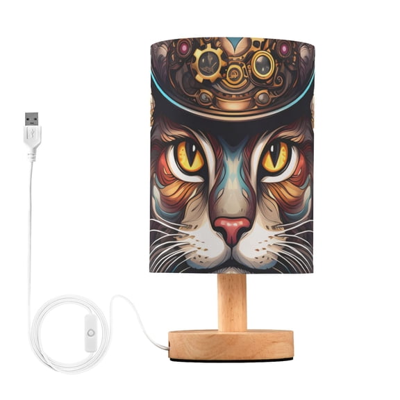 Cat Head Hat Machine Lion Table Lamp USB Bedside Desk Nightstand Lamp Printed Gifts Small Lamp Wood Base for Bedroom Living Room Kids Room College Dorm